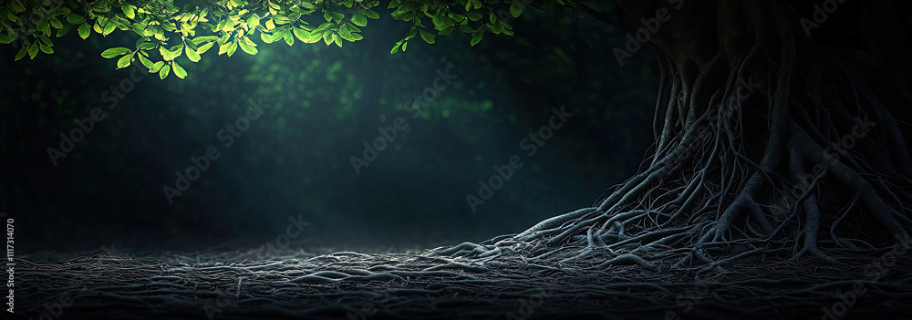 Aufkleber a serene view of a tree with roots in a softly illuminated forest setting.
