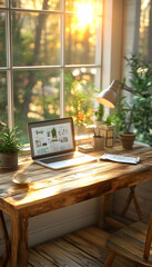 Sunlit workspace with laptop, plants, and books.
