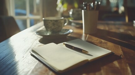 Sunlit Tabletop Scene With Notebook Pen And Coffee Cup