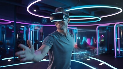 Happy man wearing VR glass while exercising at futuristic gym with glowing vibrant color. Male model using augmented reality technology for analysis data from holographic. Technology. 