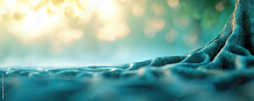 Poster a serene view of tree roots in a misty environment with soft light filtering through.