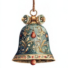 Watercolor painting of an ornate Christmas bell with intricate designs, on isolated white background