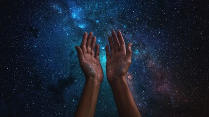 Cosmic night hands raised in artistic serenity and inspiration