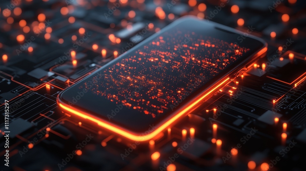 Poster smartphone screen displays glowing code on a circuit board. illustrates digital technology, data pro