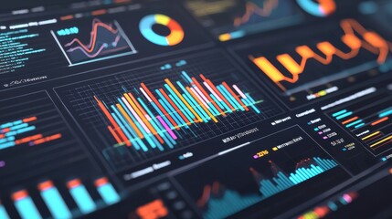 Close-up of digital dashboard displaying various colorful charts and data visualizations.