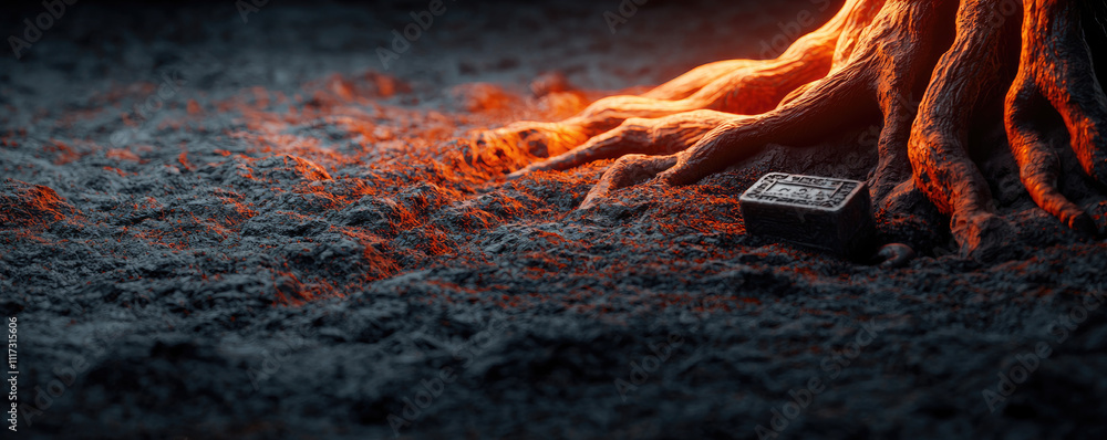 Poster a striking image of glowing tree roots intertwining with a hidden object in soil.