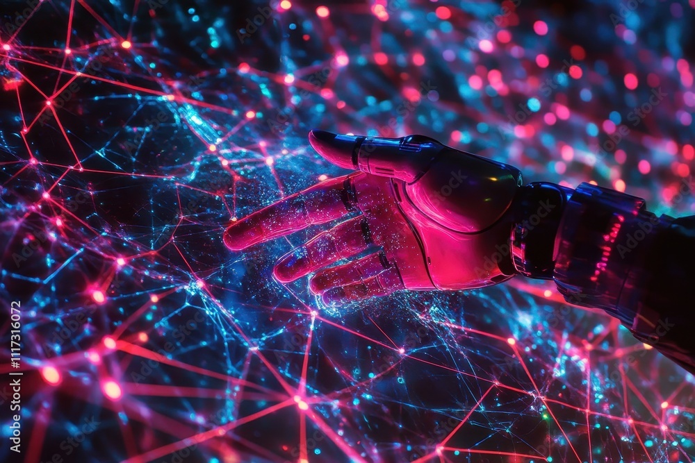 Poster a robotic hand interacts with a vibrant network of lights, symbolizing technology and connection.
