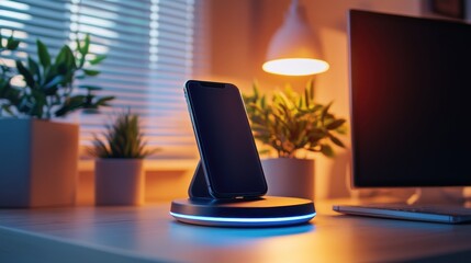Fototapeta premium Smartphone on Wireless Charging Stand Beside Desk Plants