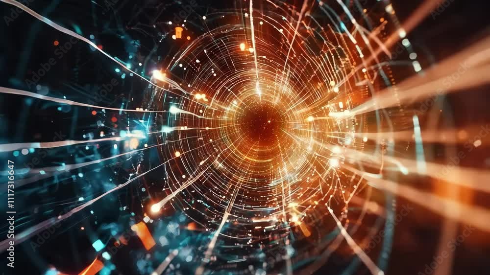 Poster futuristic data stream tunnel with digital light patterns