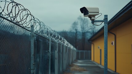 Obraz premium Exterior View of a Prison Facility Featuring Tall Barbed Wire Fence and Surveillance Camera with Cloudy Sky Background