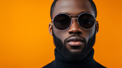 stylish black male model wearing silver sunglasses and dark turtleneck against vibrant orange background exudes confidence and modern fashion