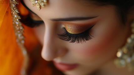 close up of bridal eye makeup showcasing warm tones, dramatic lashes, and intricate details. elegant look is enhanced by vibrant orange veil, creating stunning visual impact