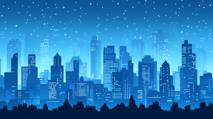 Obraz premium city skyline at night with illuminated buildings and starry sky creates serene atmosphere. blue tones enhance tranquil urban scene, perfect for city lovers