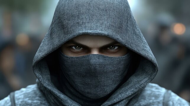 Mysterious hooded man with intense gaze wearing dark mask and gray hoodie, portrait close-up, urban background, suspenseful mood, thriller concept, espionage, anonymity, winter outdoor setting