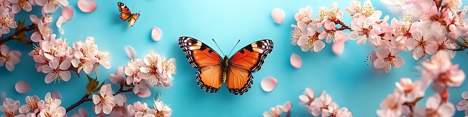 Fototapeta premium Nature background wildflowers against a blue sky in sunny day with butterfly