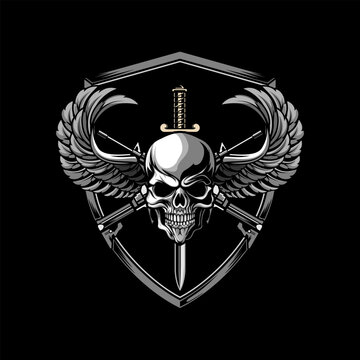 Crossed assault rifles with winged soldier skull in shield logo design vector