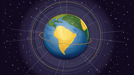 Naklejka premium Earth axis diagram illustration showing the tilt of the Earth's rotational axis relative to its orbital plane, explaining the cause of seasonal changes and the distribution of sunlight.