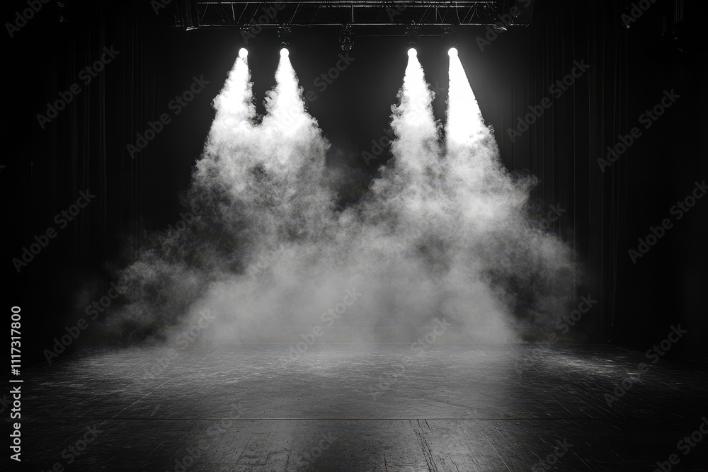 Poster a dramatic stage with fog and spotlighting, creating an atmospheric setting for performances.