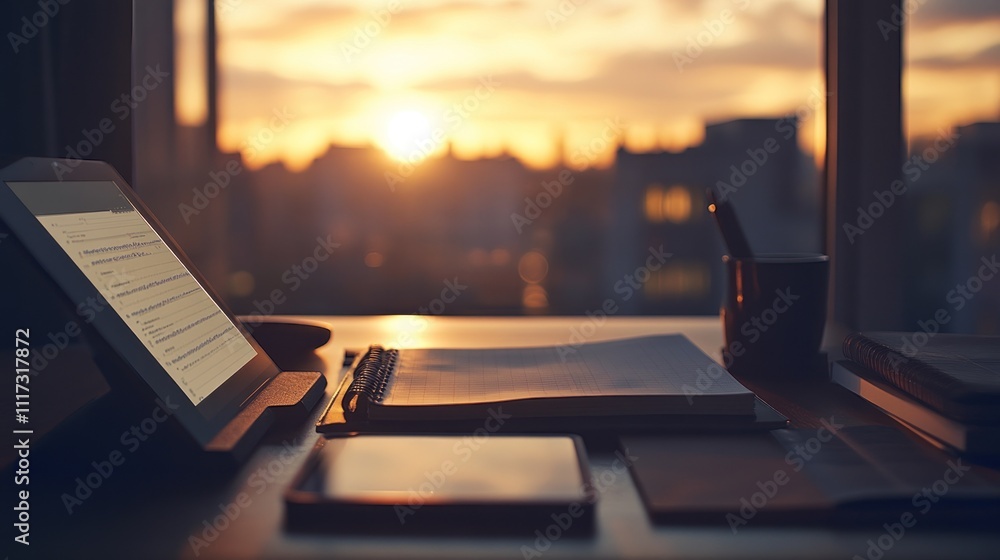 Poster sunset view workspace with tablet notebook and pen