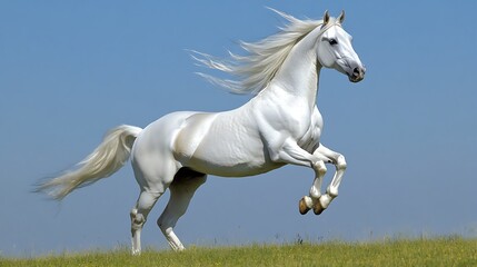 Obraz premium Majestic white horse leaping gracefully across a vibrant green field under a clear blue sky.