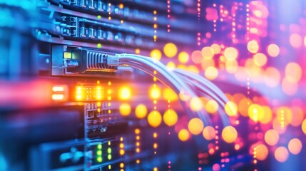 Naklejka premium Vibrant Network Data Center: Server Connections & Digital Flow