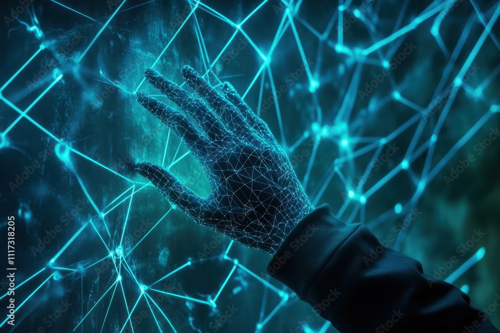 Poster a futuristic hand interacts with a glowing network of interconnected nodes and lines.