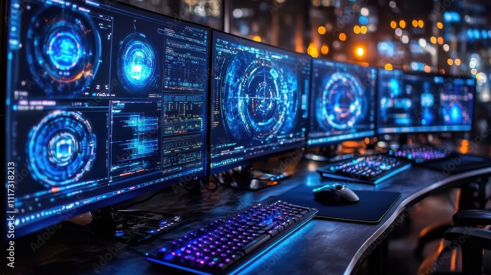 Poster multiple futuristic computer monitors displaying holographic data interfaces in dark room, tech work