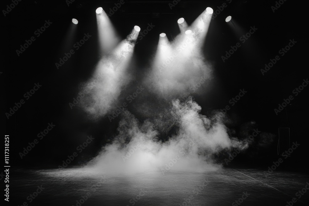 Poster a dramatic stage scene with fog and spotlighting, creating an atmospheric effect.