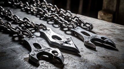 Three Metal Chains With Attached Sharp Tools