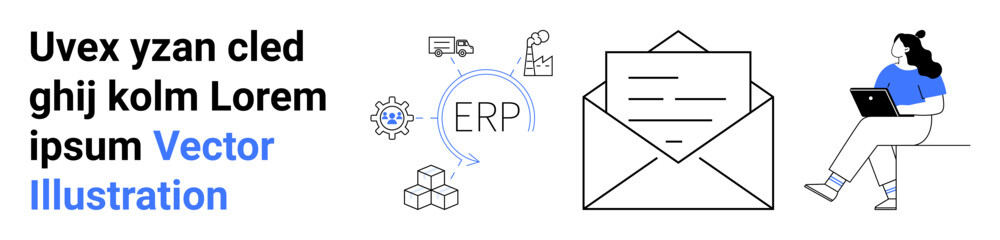 Large envelope, ERP, woman with laptop, gears, cubes, logistics, arrows. Ideal for business automation, resource planning, communication, efficiency logistics technology corporate Landing page