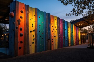 Vibrant rainbow climbing wall illuminated at dusk