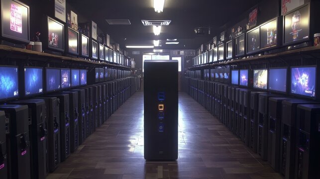 High-end gaming computers in dark tech showroom room with glowing blue LED lights, futuristic atmosphere perfect for technology, gaming events, cyber security, or IT industry presentations