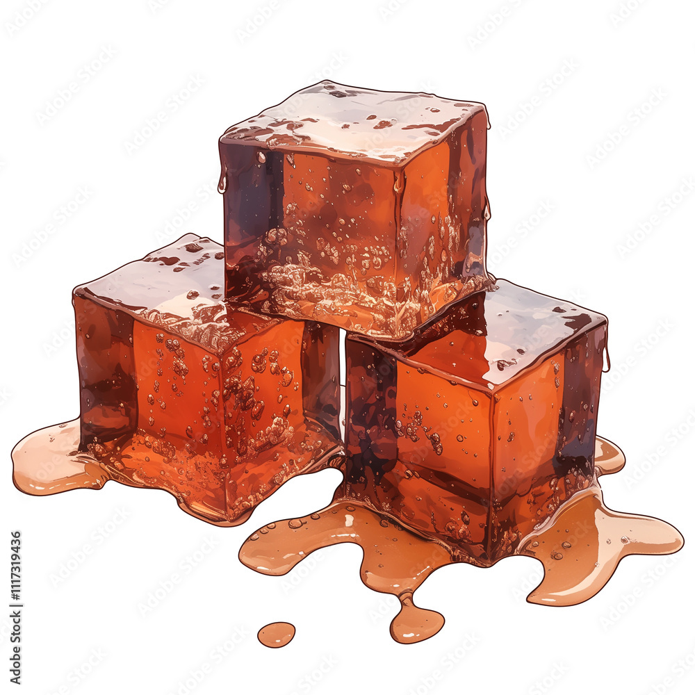 Poster three glossy, translucent copper colored ice cubes stacked together, with liquid dripping down their