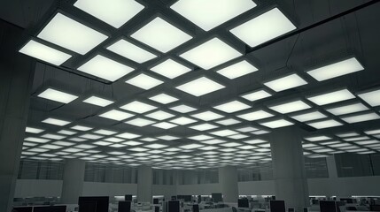 Modern, minimalist, interior, high-ceilinged, office space with square, bright, recessed lighting fixtures.