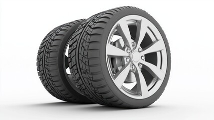 Obraz premium Two Modern Car Tires with Alloy Wheels Displayed