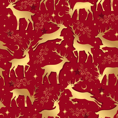 Red holiday Christmas pattern pattern. Seamless background with deers, stars, herbs. Celebration design for paper, cover, fabric, interior decor.