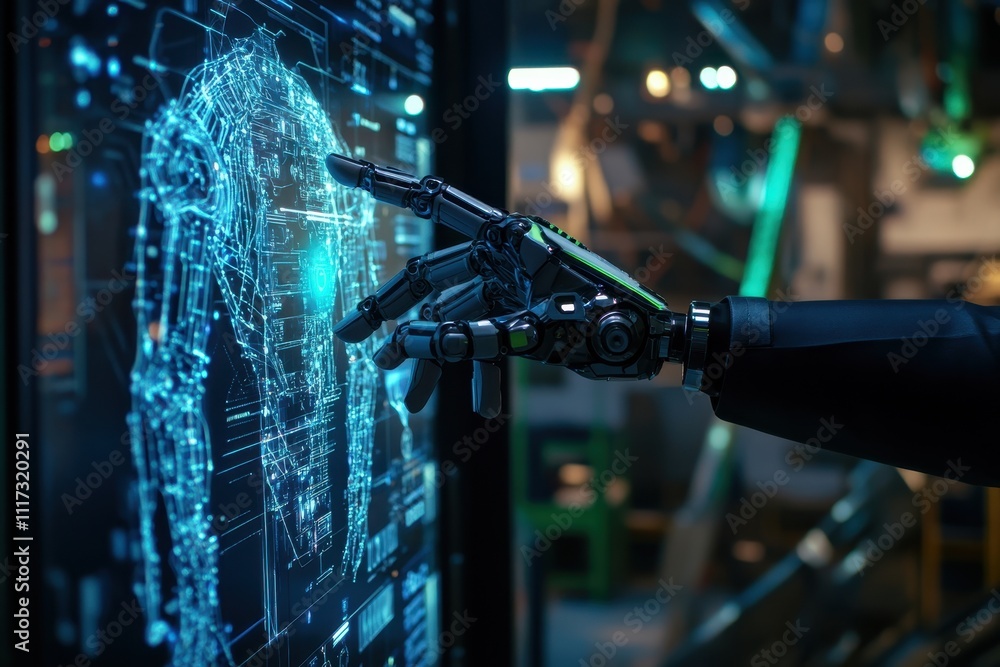 Poster a robotic hand interacts with a digital display of a human figure, showcasing technology integration