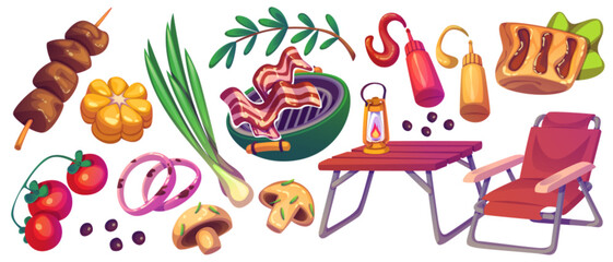 BBQ party food and equipment set isolated on white background. Vector cartoon illustration of garden grill and furniture for barbecue, roast bacon and meat on skewer, fresh vegetables, sauce bottles