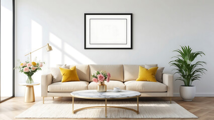 Modern interior design with light empty mock-up wall and beautiful sofa, loft and vintage of living room