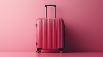 Travel essentials stylish red suitcase against pink background