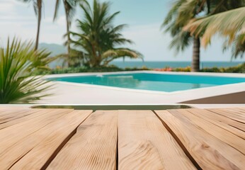 Obraz premium Wooden table with sea