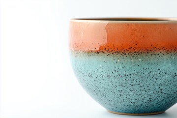 Close-up of a speckled ceramic bowl with orange and blue tones