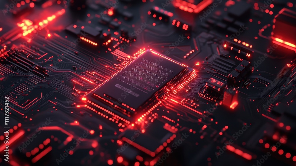 Poster close-up of a glowing red circuit board with a central processor. illustrates technology, computing 