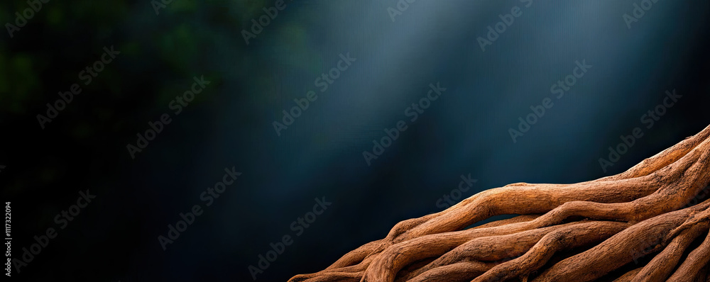 Poster close-up of intricate tree roots illuminated by soft sunlight in a serene environment.