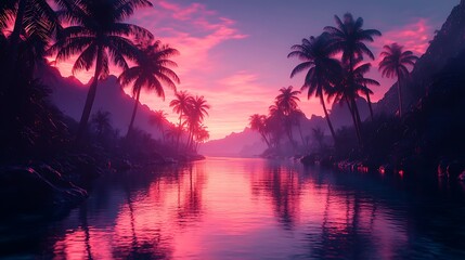 Obraz premium Nature's paradise sunset reflection over tropical river