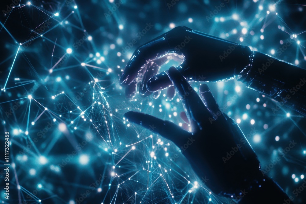 Poster futuristic depiction of robotic hands interacting with a digital network of connections.