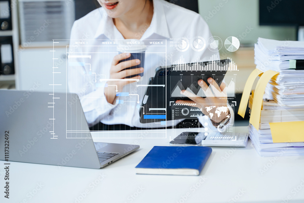 Aufkleber businesswoman hand project manager working and update tasks and gantt chart scheduling virtual diagr
