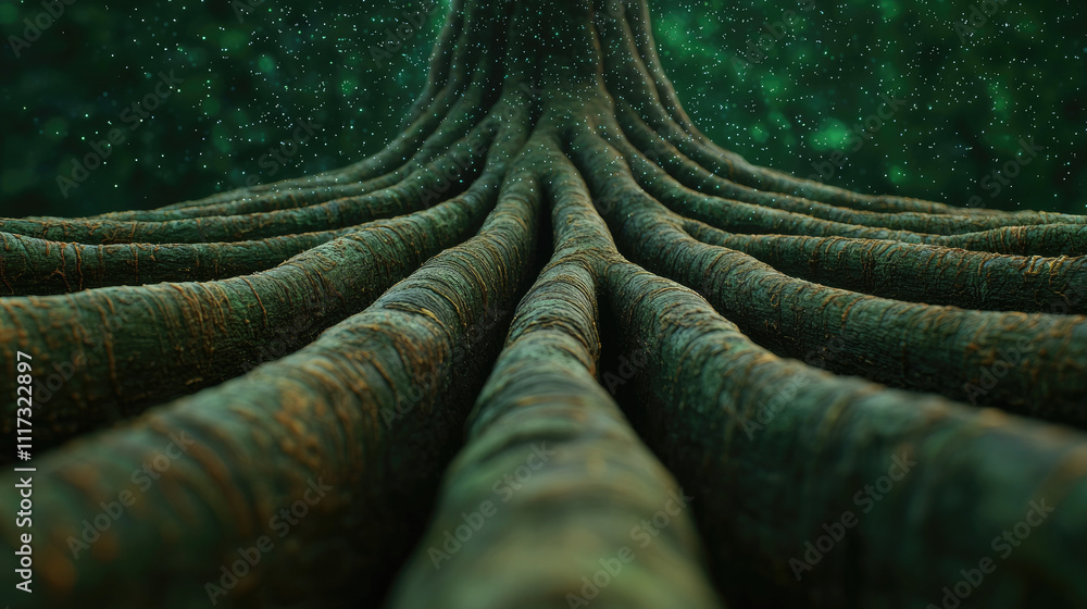 Poster close-up view of intricate tree roots extending into the rich, green forest soil.