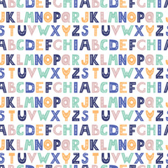 Seamless pattern folk alphabet. Decorative multi-colored letters on white background. Vector illustration. Hand drawing lettering ornament backdrop