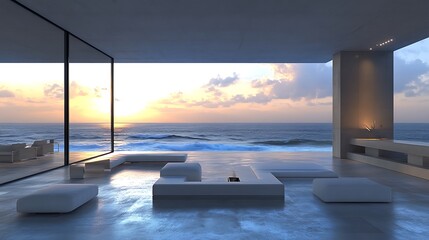 Fototapeta premium Relaxing sunset view in modern living room by the ocean